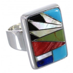 Heavy Sterling Silver And Multicolor Inlay Ring Size 8-1/2 WX37602