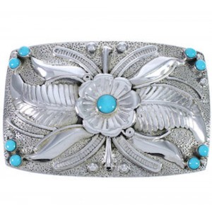 Sterling Silver Flower Southwest Turquoise Belt Buckle CX52816