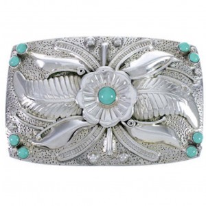 Southwest Sterling Silver Flower Turquoise Belt Buckle CX52818