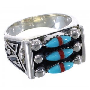 Coral Turquoise Substantial Silver Needlepoint Ring Size 5-1/4 VX37204