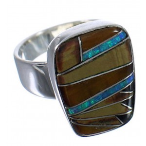 Southwestern Multicolor Inlay Sturdy Silver Ring Size 6-1/2 EX40223
