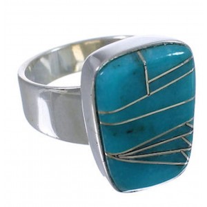 Turquoise Inlay Substantial Silver Ring Size 7-1/4 EX40374