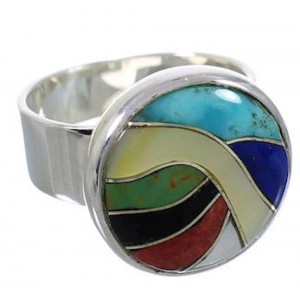 High Quality Multicolor Inlay Sterling Silver Ring Size 7-3/4 WX38338