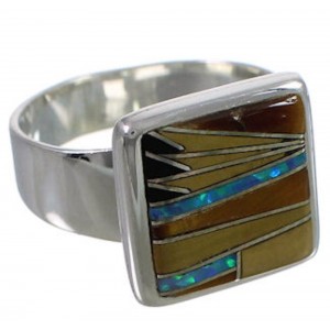 Well-Built Multicolor Inlay Silver Ring Size 7-3/4 WX39904