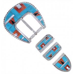 Multi Color Inlay Genuine Sterling Silver Ranger Belt Buckle RS39332