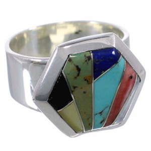 Multicolor Inlay Silver Well-Built Ring Size 8-1/4 EX40616