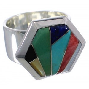 Multicolor Inlay And Silver Sturdy Ring Size 6-3/4 EX40733
