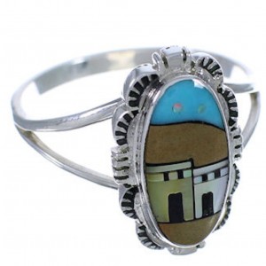 Silver Multicolor Native American Village Design Ring Size 8 TX40815