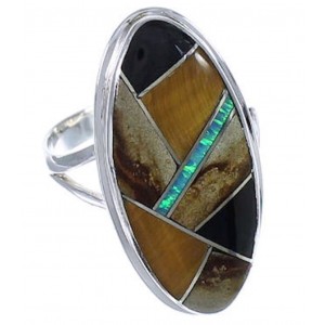 Southwest Sterling Silver Multicolor Inlay Ring Size 5-3/4 UX34118