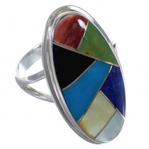 Southwestern Sterling Silver Multicolor Inlay Ring Size 6-1/4 UX34171