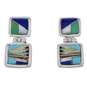 Silver Multicolor Inlay Post Dangle Earrings FX31007