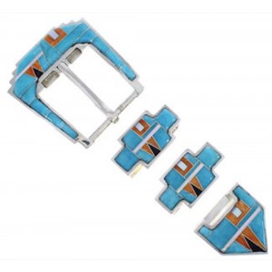 Sterling Silver Turquoise Multicolor Inlay Ranger Belt Buckle RS39296 