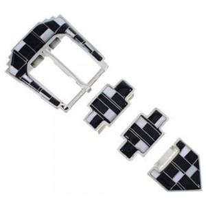 Sterling Silver Mother Of Pearl Black Inlay Ranger Belt Buckle RS39304