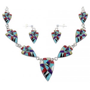 Sterling Silver Multicolor Link Necklace Earrings Jewelry Set RS34215