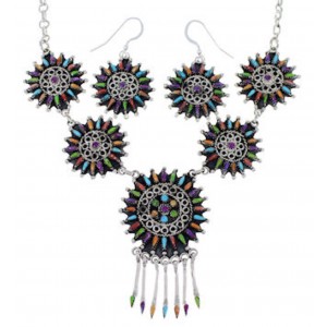 Turquoise Multicolor Sterling Silver Link Necklace Set NS28678