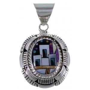 Native American Village Design Multistone Silver Pendant RS41038