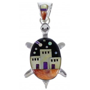 Silver Multicolor Native American Design Turtle Pendant HS40895