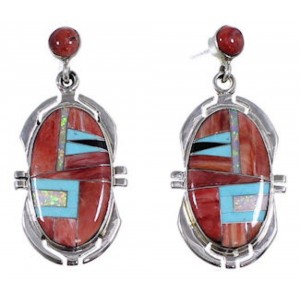 Red Oyster Shell Multicolor Inlay Silver Post Dangle Earrings NS33200