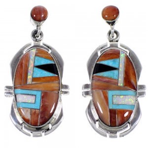 Turquoise Multicolor Inlay Silver Post Dangle Earrings NS33184