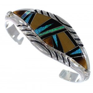 Genuine Sterling Silver Multicolor Inlay Cuff Bracelet VX37714