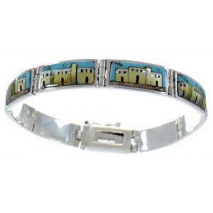 Multicolor Silver Native American Village Design Link Bracelet GS62410