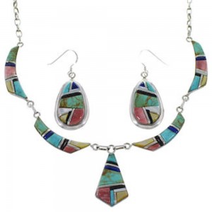 Sterling Silver Multicolor Earrings And Link Necklace Set GS75435