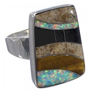 Multicolor Inlay Sterling Silver Whiterock Ring Size 7-3/4 AS46063