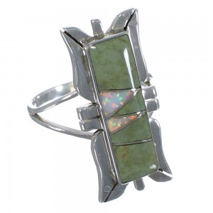 Turquoise And Opal Inlay Silver Southwestern Ring Size 7 AX53660