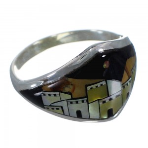 Native American Pueblo Design Multicolor Silver Ring Size 6-3/4 AX52582