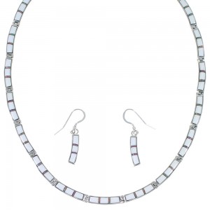 White Inlay Opal Sterling Silver Link Necklace Earrings Set EX47286