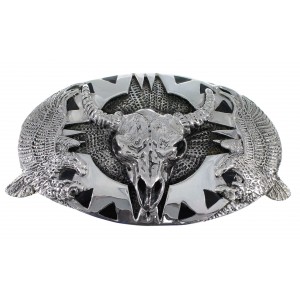 Jet And Genuine Sterling Silver Cow Skull Eagle Belt Buckle EX48467