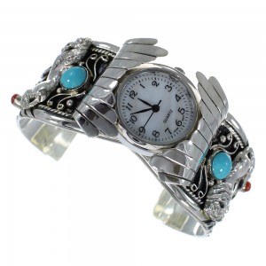 Turquoise And Coral Horse Sterling Silver Southwest Cuff Watch CX48701