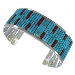 Southwest Sterling Silver Turquoise And Coral Cuff Bracelet CX49441