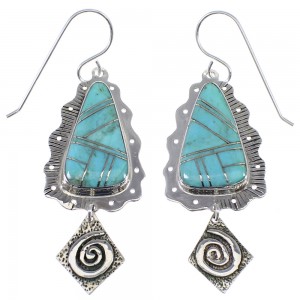 Turquoise Inlay And Silver Southwest Jewelry Hook Dangle Earrings AX51623