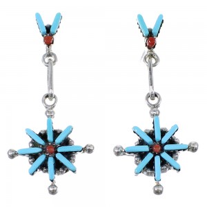 Turquoise And Coral Silver Needlepoint Jewelry Post Dangle Earrings AX51832