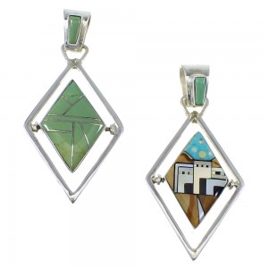 Silver Multicolor Inlay Native American Village Design Reversible Pendant AX53126