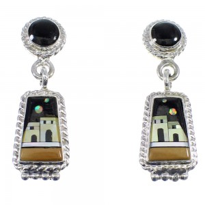 Multicolor Native American Village Design Silver Post Dangle Earrings YX53591