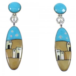 Sterling Silver Multicolor Native American Village Design Post Dangle Earrings YX53285