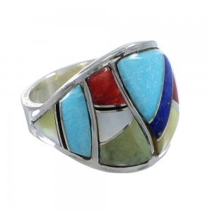 Southwestern Sterling Silver Multicolor Inlay Ring Size 4-3/4 AX53146