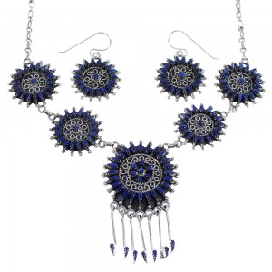 Lapis Needlepoint Southwest Sterling Silver Necklace And Earring Set EX54067