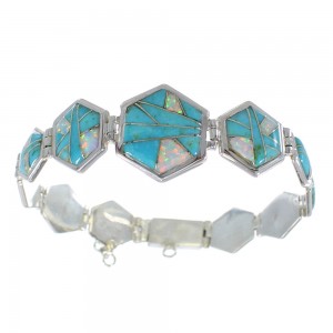 Turquoise And Opal Inlay Silver Southwest Link Bracelet AX54146