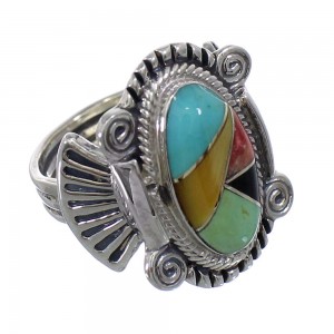 Southwest Multicolor Inlay Sterling Silver Ring Size 7-3/4 EX56273