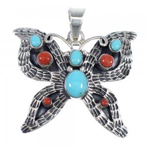 Southwest Sterling Silver Turquoise And Coral Butterfly Pendant VX55131