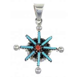 Turquoise And Coral Needlepoint Sterling Silver Southwestern Pendant VX55567