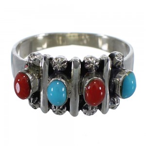 Sterling Silver Southwest Coral And Turquoise Ring Size 6-1/2 RX60683