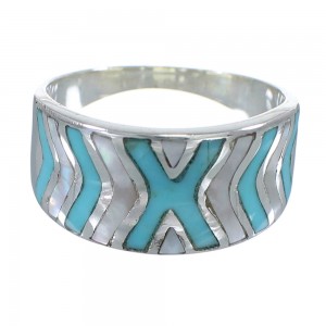 Silver Turquoise And Mother Of Pearl Inlay Southwestern Ring Size 5-3/4 AX83254