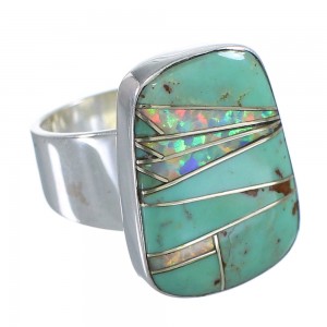 Turquoise And Opal Inlay Jewelry Southwest Silver Ring Size 4-1/2 AX83315