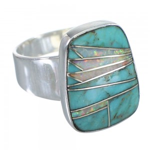 Genuine Sterling Silver Southwestern Turquoise And Opal Inlay Jewelry Ring Size 8-1/2 AX83355