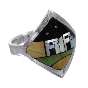 Southwestern Multicolor Inlay And Sterling Silver Native American Pueblo Design Ring Size 7 YX78212