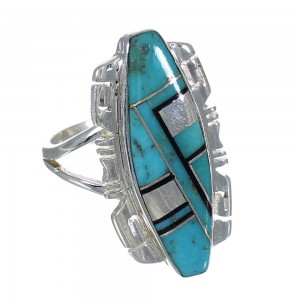 Southwest Turquoise And Jet Sterling Silver Jewelry Ring Size 6-1/2 AX82420